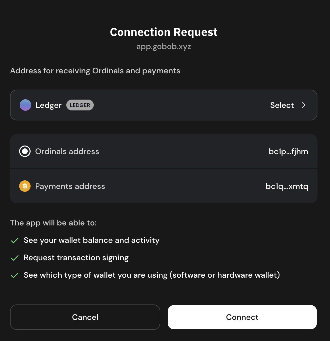 XVerse window to connect Bitcoin account