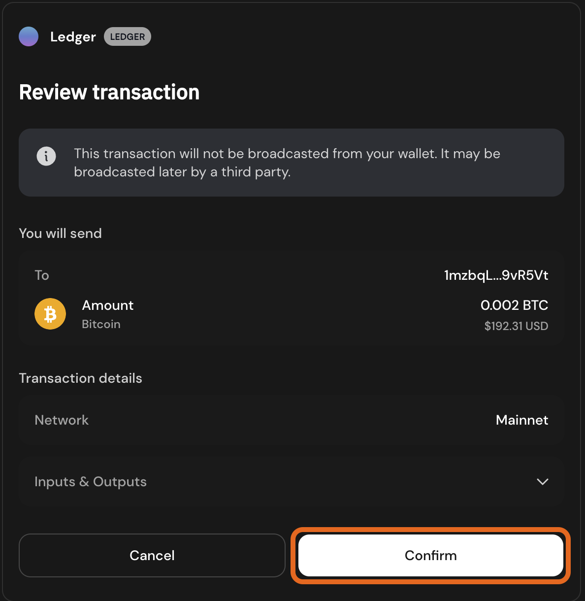 XVerse window to sign Bitcoin transaction